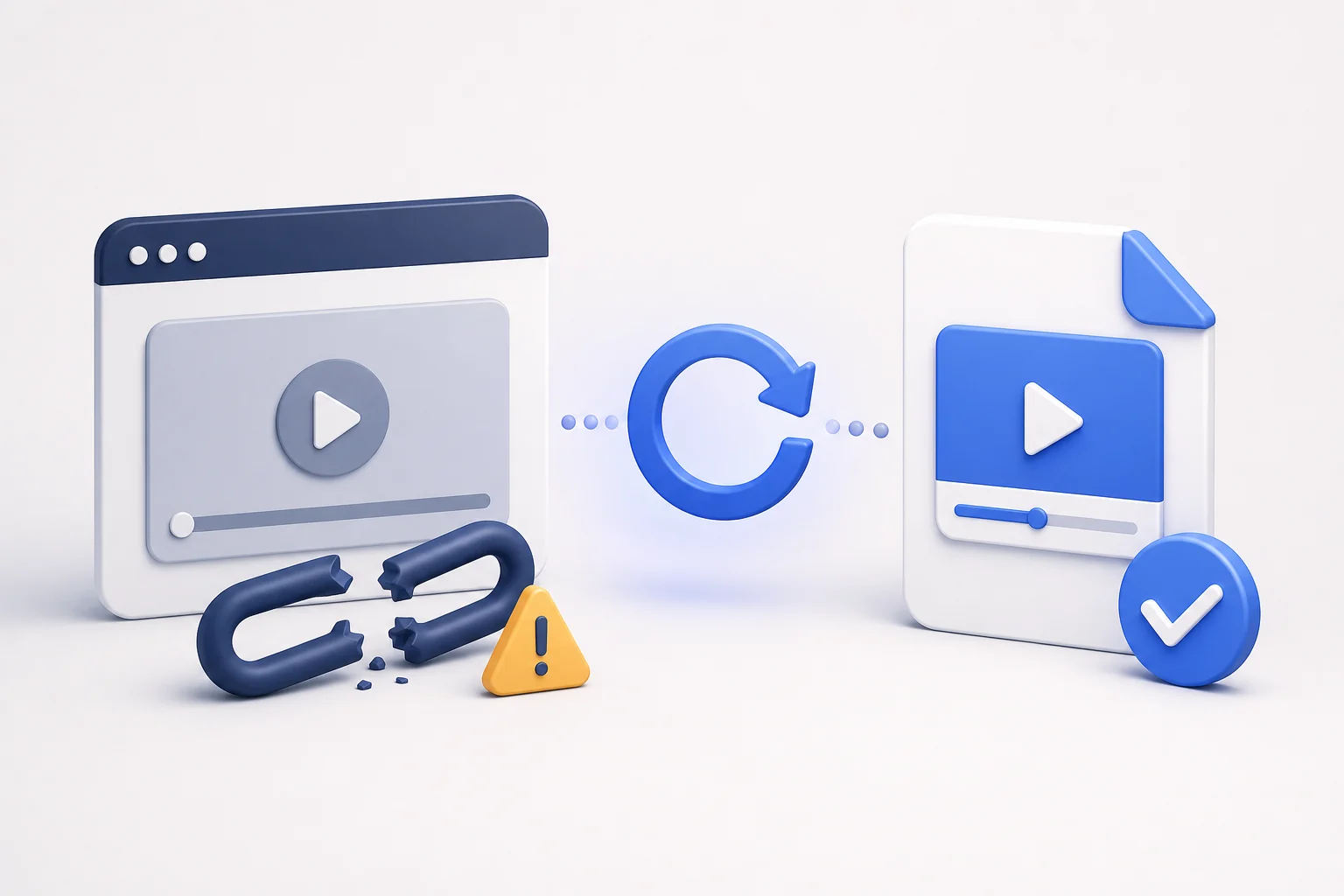 Broken media link followed by a retry arrow and a successfully downloaded video file