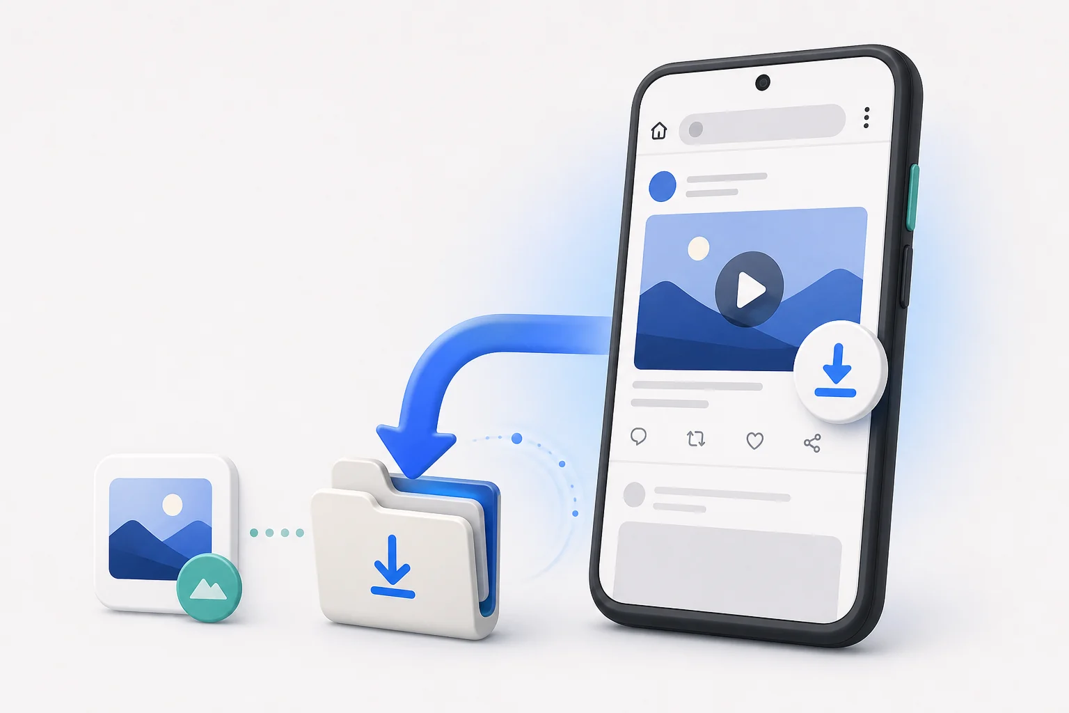 Generic Android-style phone with a video card, download arrow, Downloads folder and gallery tile